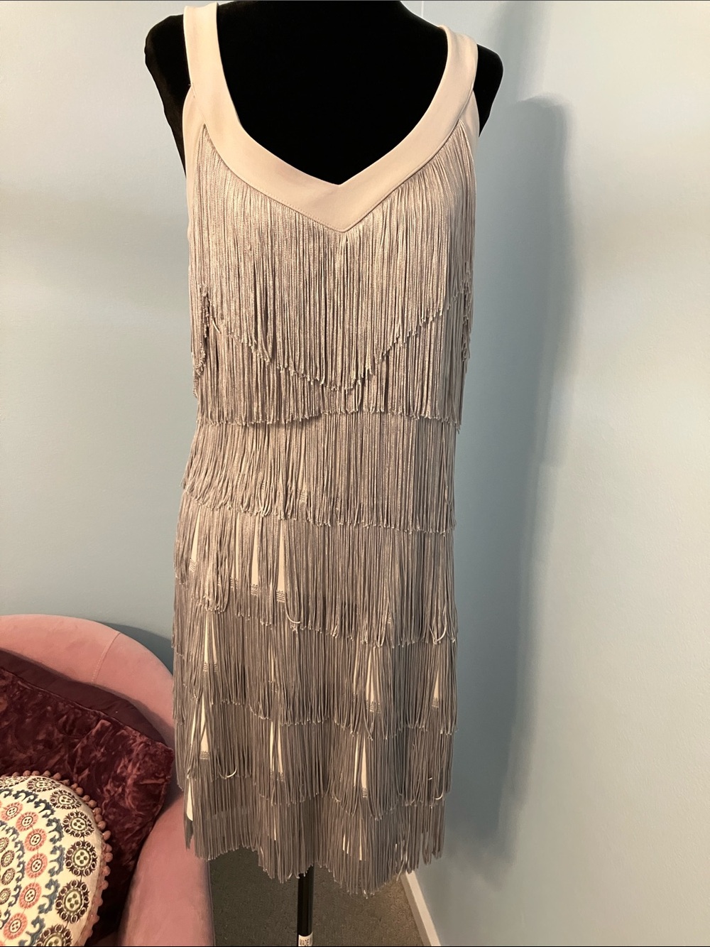 White House Black Market Silver Fringe Tiered V-Neck Flapper Dress